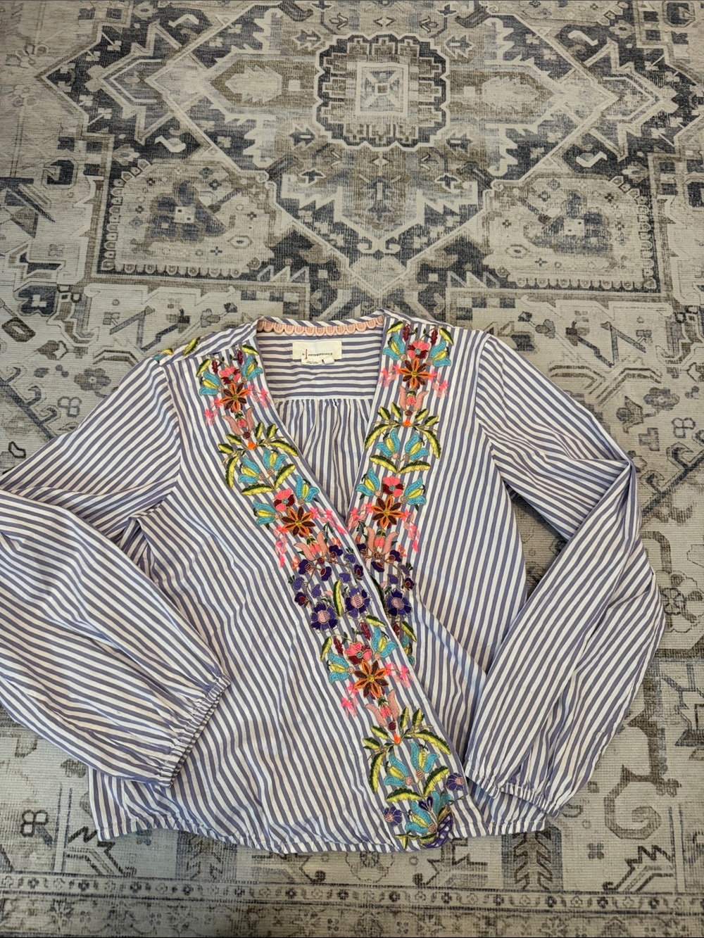 Anthropologie Blue & White Striped Embroidered V-Neck Blouse